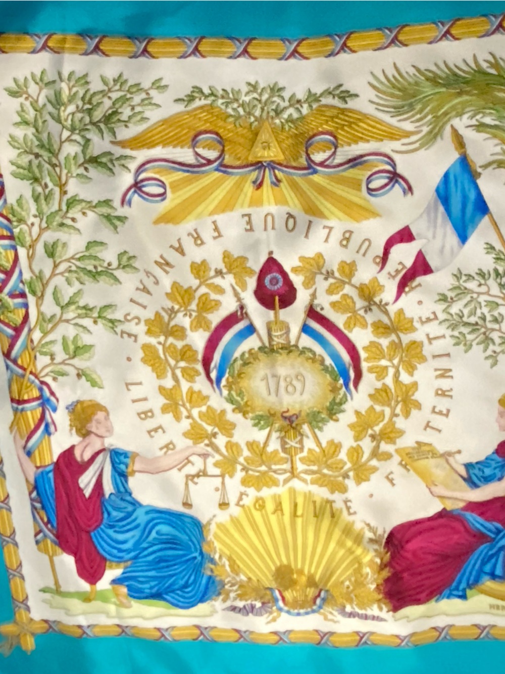 HERMÈS Vintage 1789 République Française Silk Scarf 35x35 Turquoise